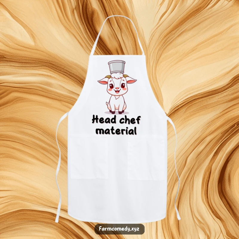 Funny Goat Balancing Bucket Apron: A cheerful goat humorously balances a bucket on its head, perfect for kitchen fun and a funny gift.