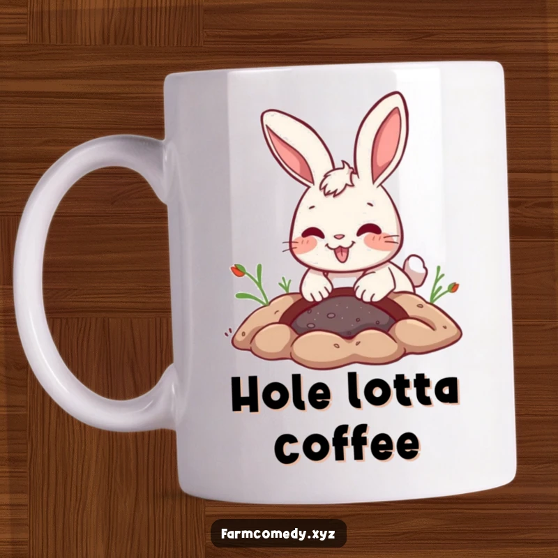Funny Rabbit Digging Mug: A playful rabbit digs a hole with a joyful expression, ideal for rabbit lovers and a funny gift.