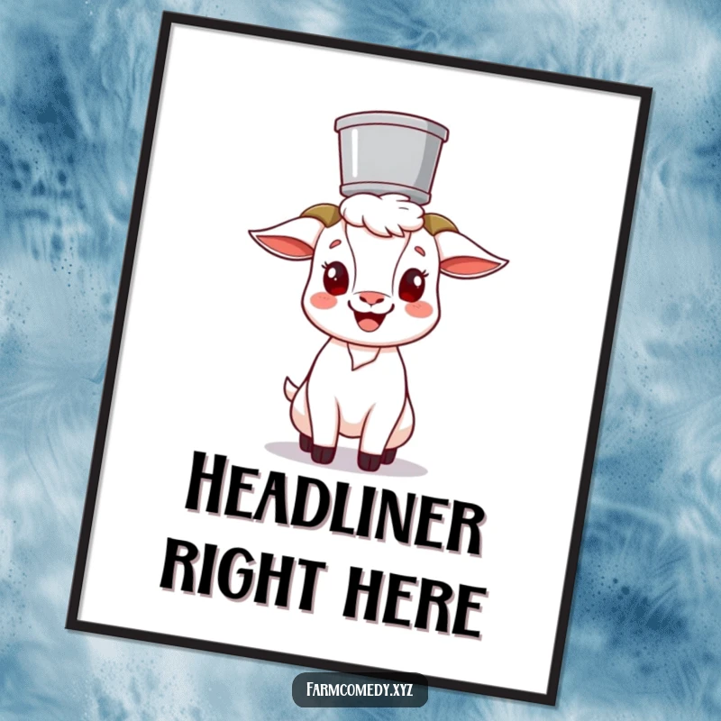 Funny Goat Balancing Bucket Digital Art: A cheerful goat character humorously balances a bucket on its head, perfect for funny and instant decor.