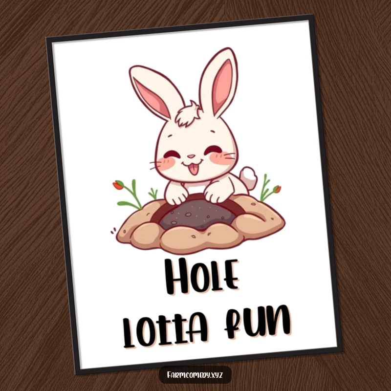 Funny Rabbit Digging Digital Art: A playful rabbit digs a hole with a joyful expression, perfect for funny and instant decor.