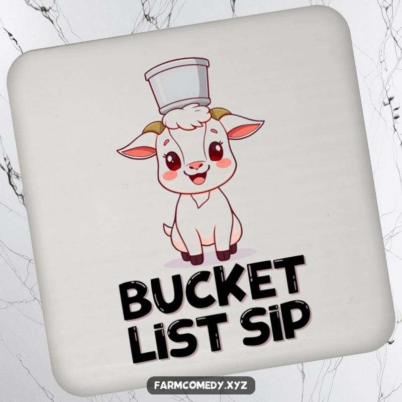 Funny Goat Balancing Bucket Coaster: A cheerful goat character humorously balances a bucket on its head, protecting surfaces with funny farm art.