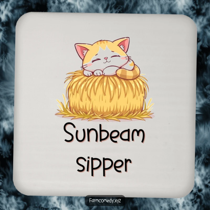 Funny Cat Sunbeam Nap Coaster: A happy cat naps in a sunbeam on a hay bale, protecting surfaces with funny cat art.