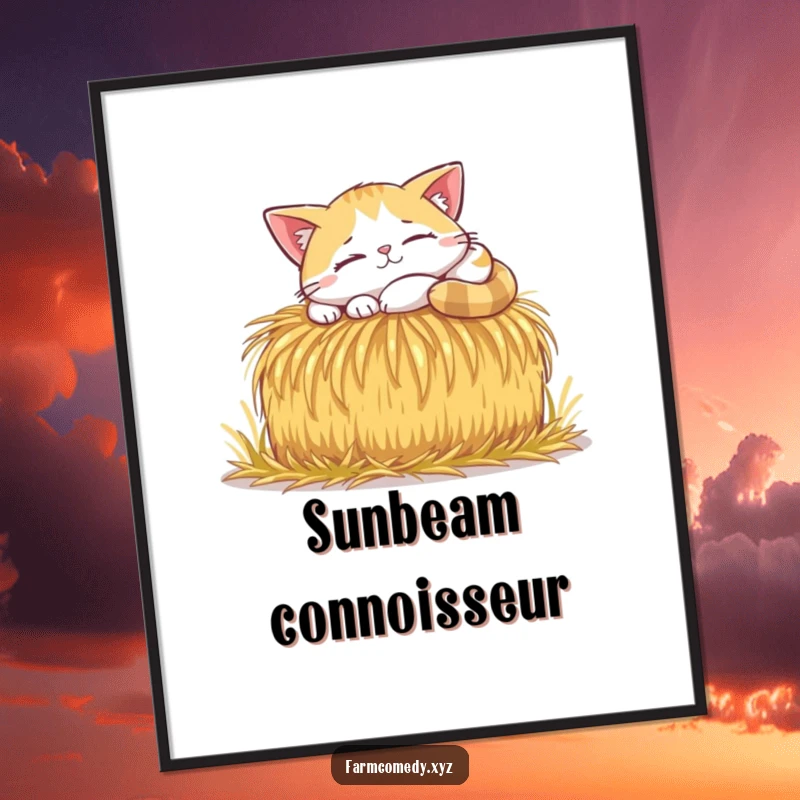 Funny Cat Sunbeam Nap Poster: A happy cat naps in a sunbeam on a hay bale, perfect for relaxing and funny wall art.