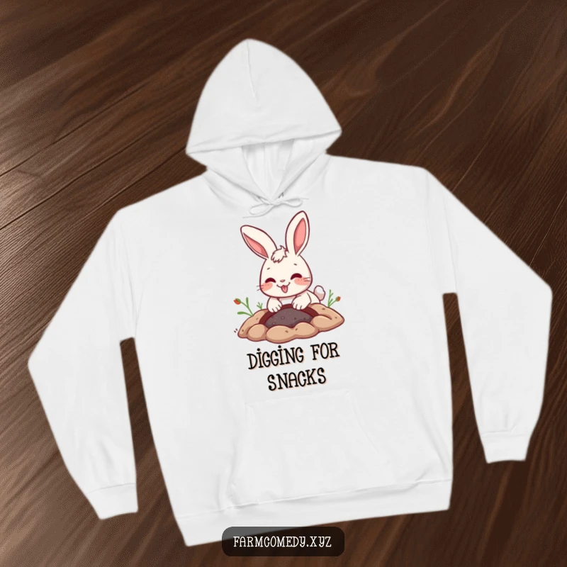 Funny Rabbit Digging Hoodie: A playful rabbit digs a hole with a joyful expression, offering warmth and a funny touch.
