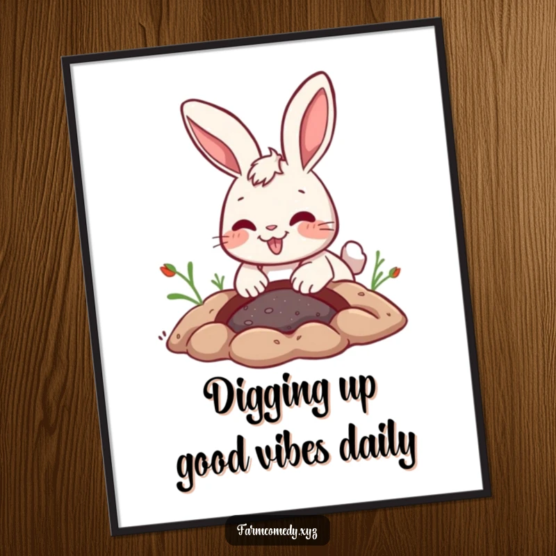 Funny Free Printable Wall Art: A playful rabbit with a wide smile digs energetically, full of happy purpose.