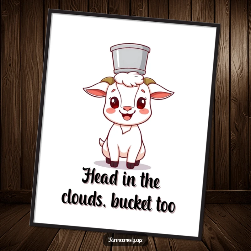 Funny Free Printable Wall Art of a cheerful goat precariously balancing a bucket on its head, adding quirky charm.