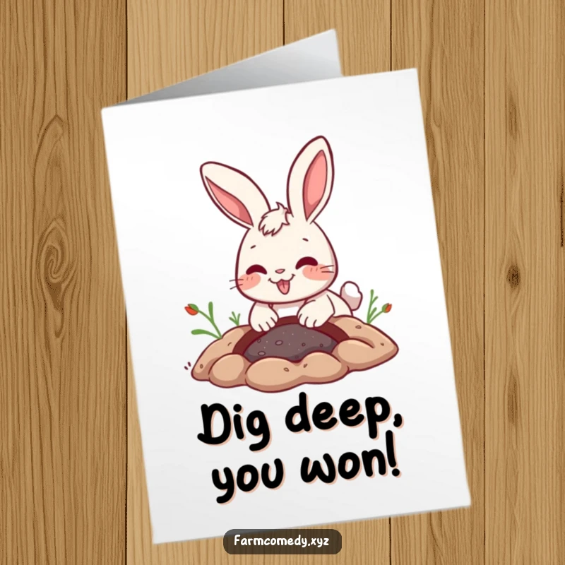 Funny Free Printable Congratulations Card: A joyful rabbit digs with great excitement, celebrating a fantastic achievement.