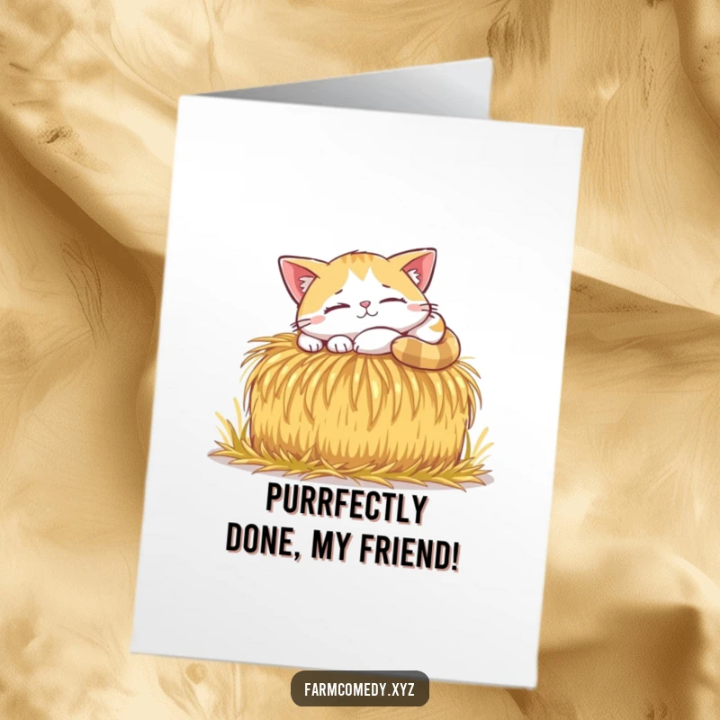 Funny Free Printable Congratulations Card: A happy cat enjoys a sunbeam nap on hay, embodying calm success.