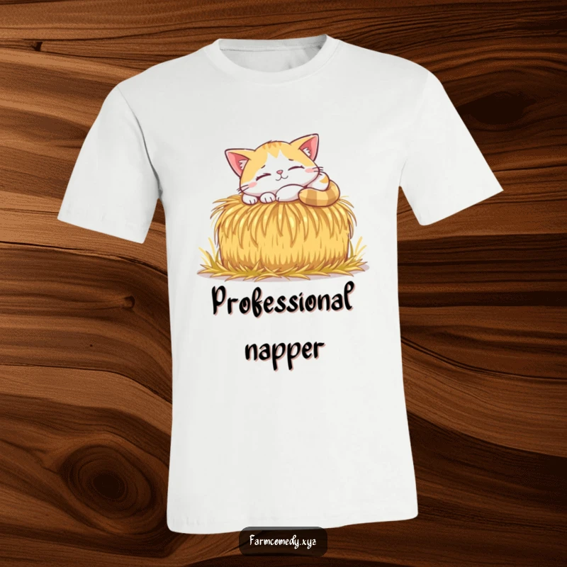 Funny Cat Sunbeam Nap T-Shirt: A happy cat naps in a sunbeam on a hay bale, perfect for cat lovers and a funny tee.