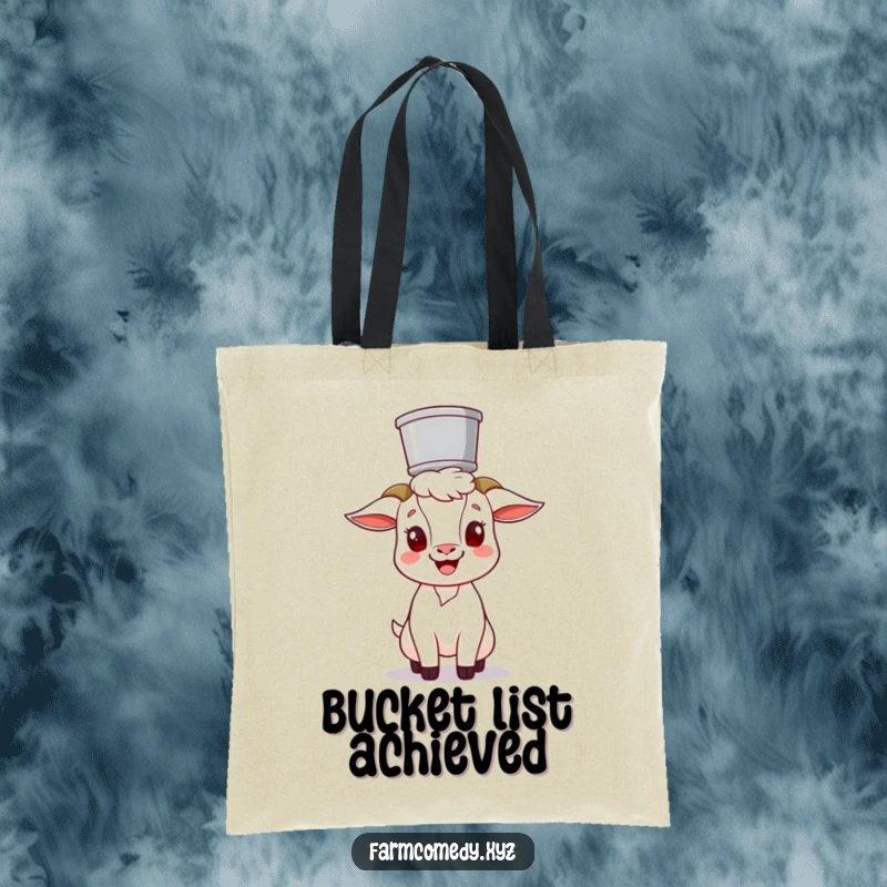 Funny Goat Balancing Bucket Tote Bag: A cheerful goat character humorously balances a bucket on its head, perfect for stylish and funny shopping.